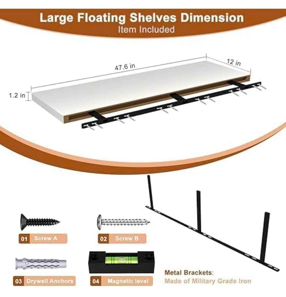 48” Floating Wall Shelf (White) – Heavy Duty Deep Shelf - photo 3