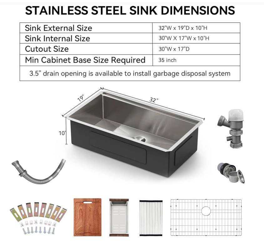 16 Gauge Undermount Stainless Steel Kitchen Sink - 32" L x 19" W - photo 5