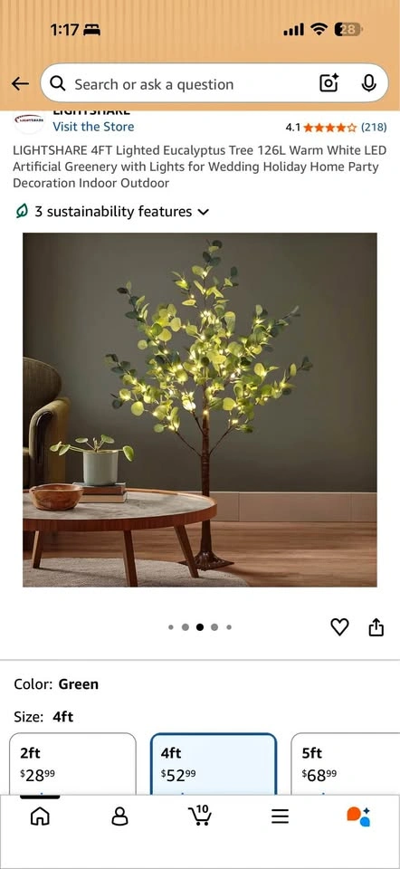 Lighted Eucalyptus Tree 4FT 126 LED Artificial Tree