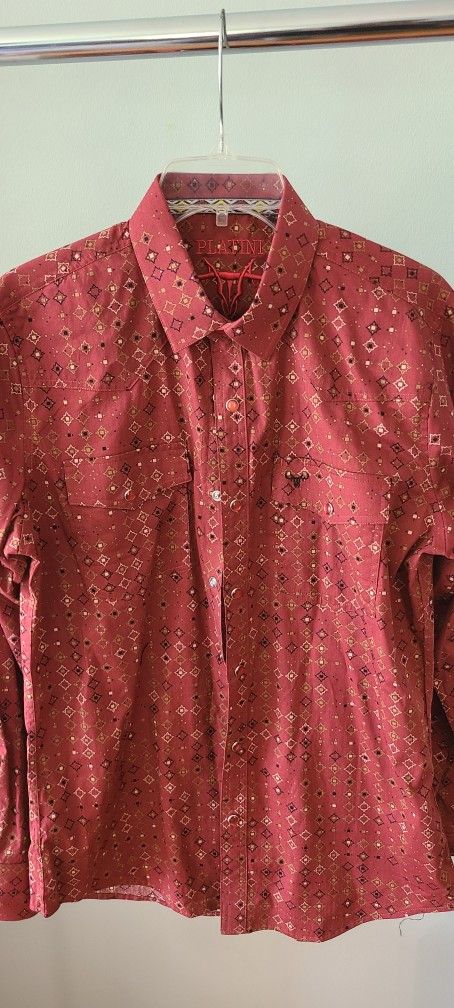 Platini Men Pattern Burgundy Long Sleeve Shirt SZ M