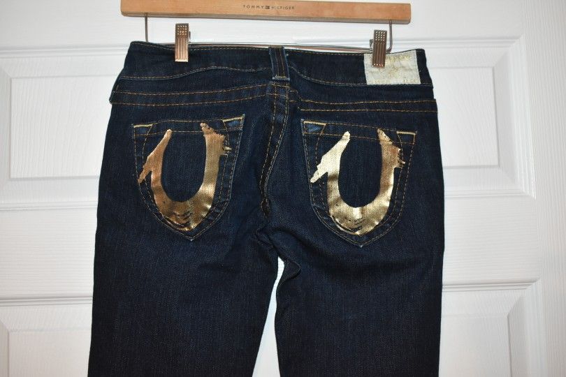 True Religion Woman Blue Gold Bobby Flare Jeans SZ 26