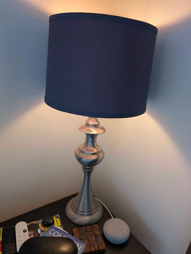 Modern Brushed Nickel Table Lamp – Dark Gray Drum Shade