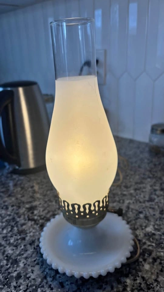 Vintage Milk Glass Hobnail Electric Hurricane Lamp
