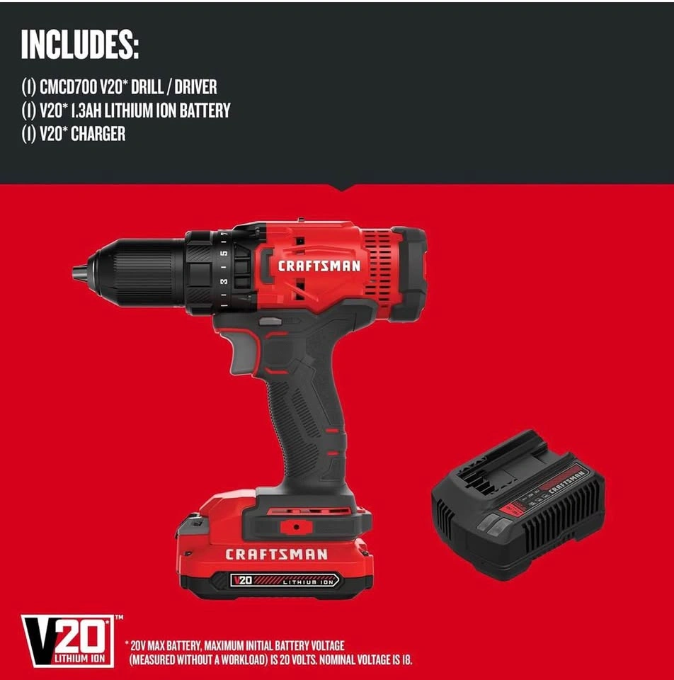 Craftsman V20 Drill Driver Kit w/ Battery & Charger CMCD700 - photo 2