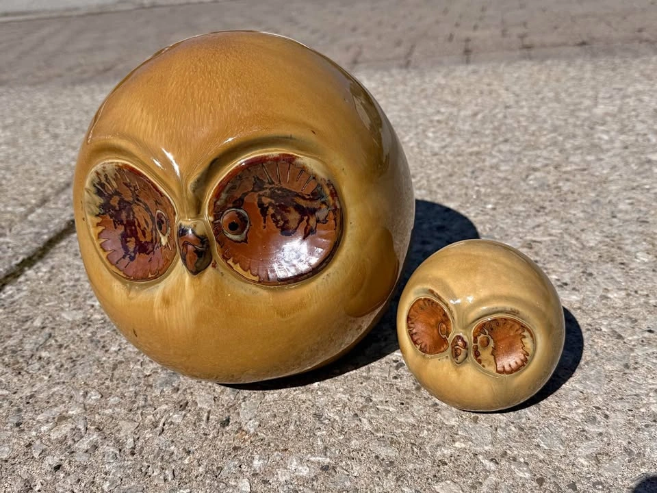 Vintage MCM Ceramic Owl Orb Figurines - Set of 2