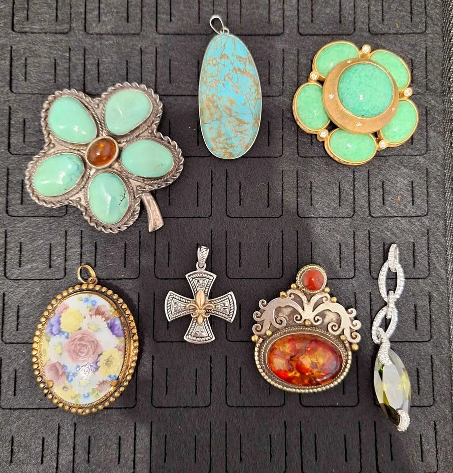 Vintage Brooches, pendants, amber, turquoise, picture locket