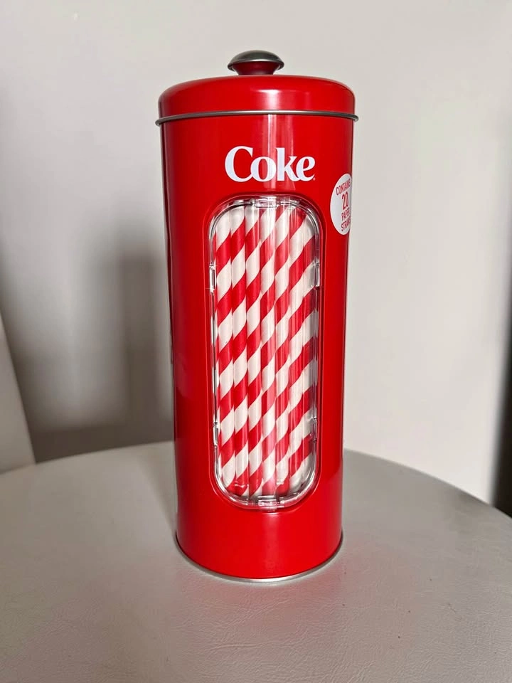 Coca-Cola Tin Straw Dispenser with 20 Paper Straws