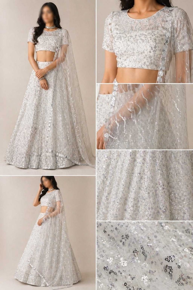 Silver Sequin Lehenga Choli | Wedding Party Wear XS-XL
