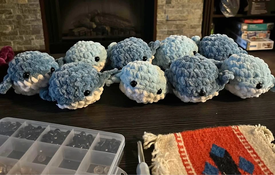 Handmade crochet whales