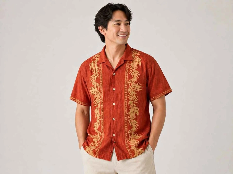 Tommy Bahama Red Hawaiian Shirt With Tan Leaf Print