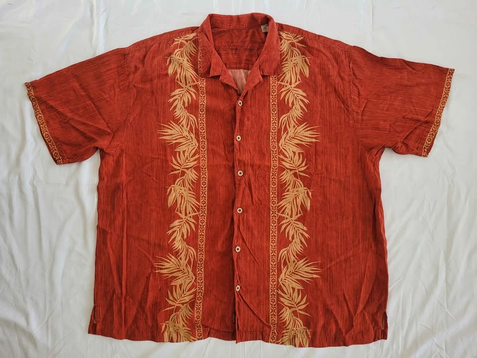 Tommy Bahama Red Hawaiian Shirt With Tan Leaf Print - photo 2
