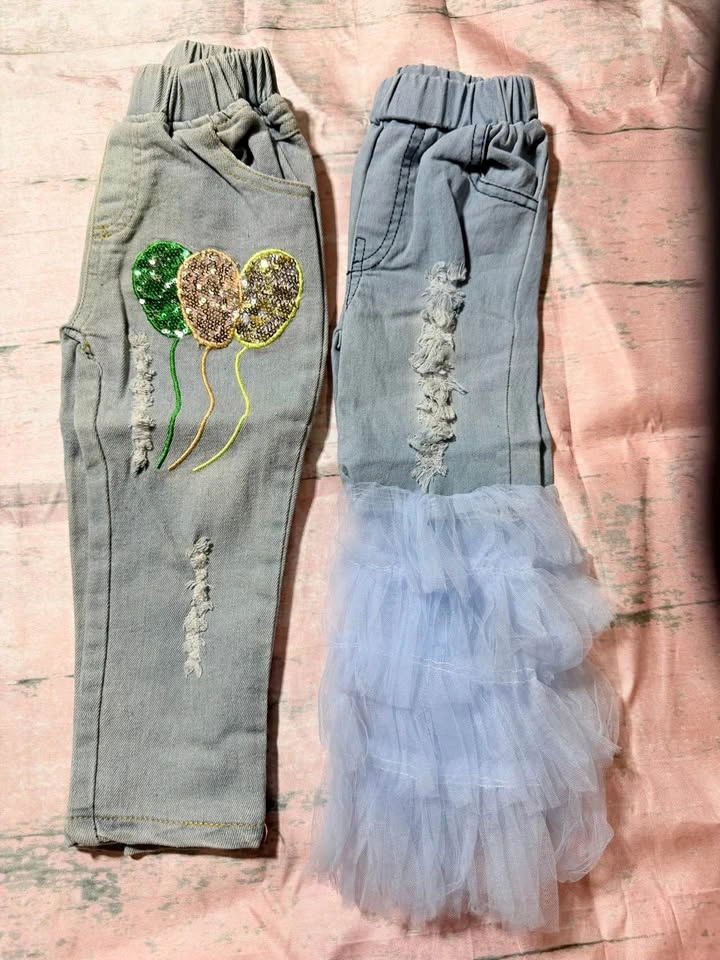Size 2 Girls Sequin Balloon and Tulle Ruffle Jeans Set