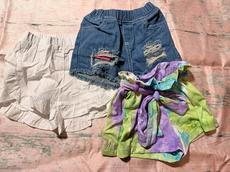 18-24m Girls Shorts Bundle - Denim, White Ruffle, and Tie-Dye