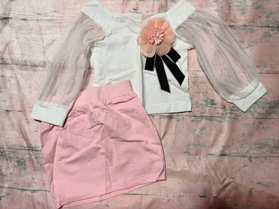12-18m White Mesh Sleeve Top and Pink Skirt Set