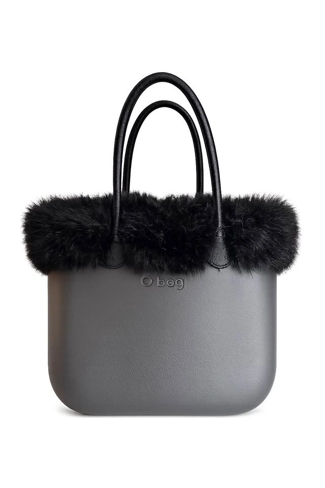 O bag Grey Tote Bag with Black Faux Fur Trim - Made in Italy