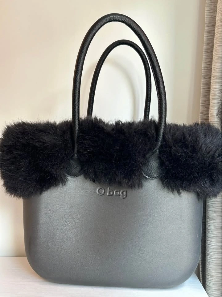 O bag Grey Tote Bag with Black Faux Fur Trim - Made in Italy - photo 2