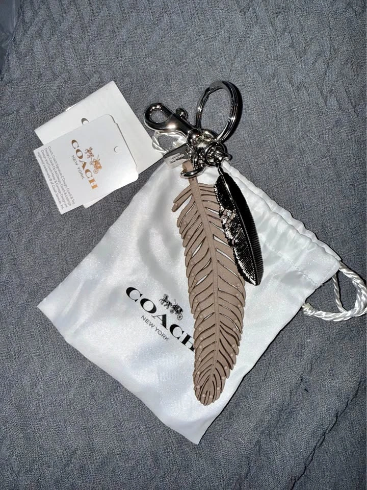 COACH Leather Feather & Silver Metal Keychain Bag Charm