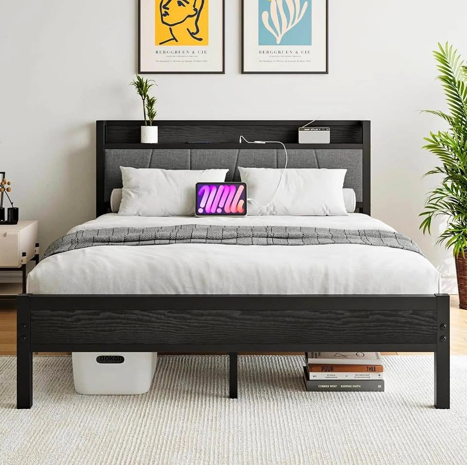 Queen Metal Bed Frame w/ Charging Station & Upholstered Headboar