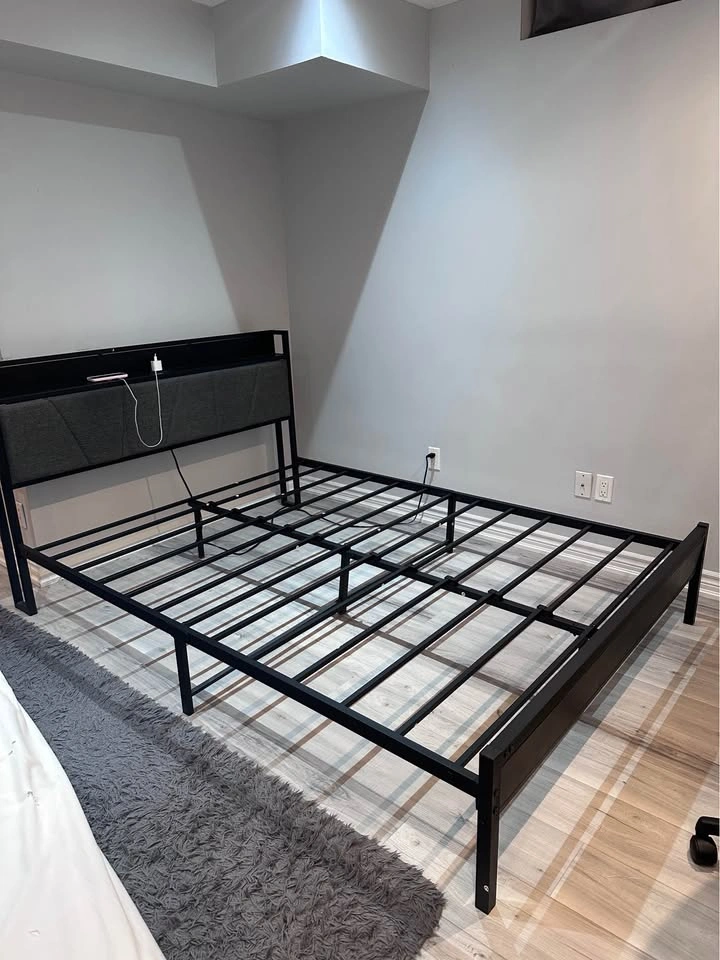 Queen Metal Bed Frame w/ Charging Station & Upholstered Headboar - photo 2