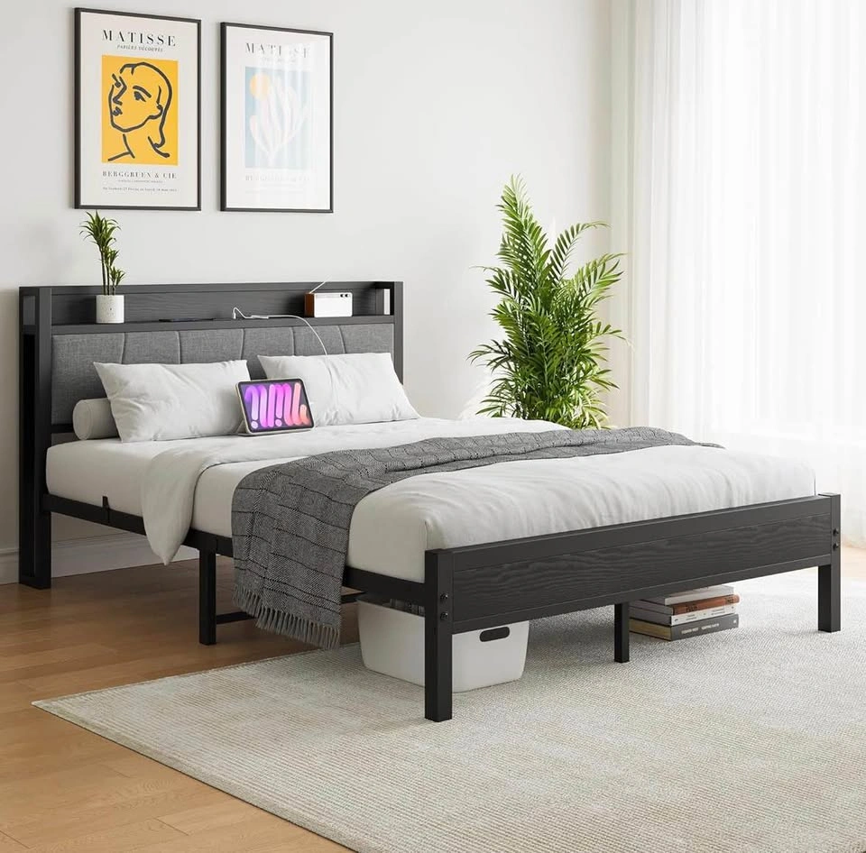 Queen Metal Bed Frame w/ Charging Station & Upholstered Headboar - photo 3