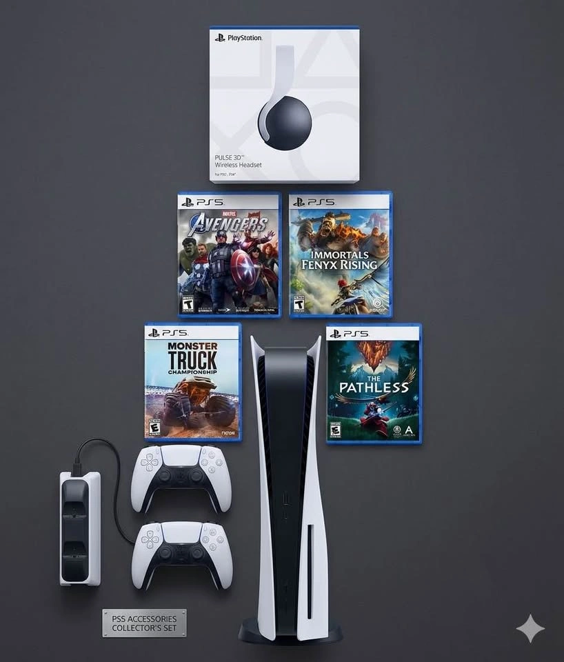 PS5 Disc Edition Bundle - 2 Controllers, Charger, Headset, 4 Gam