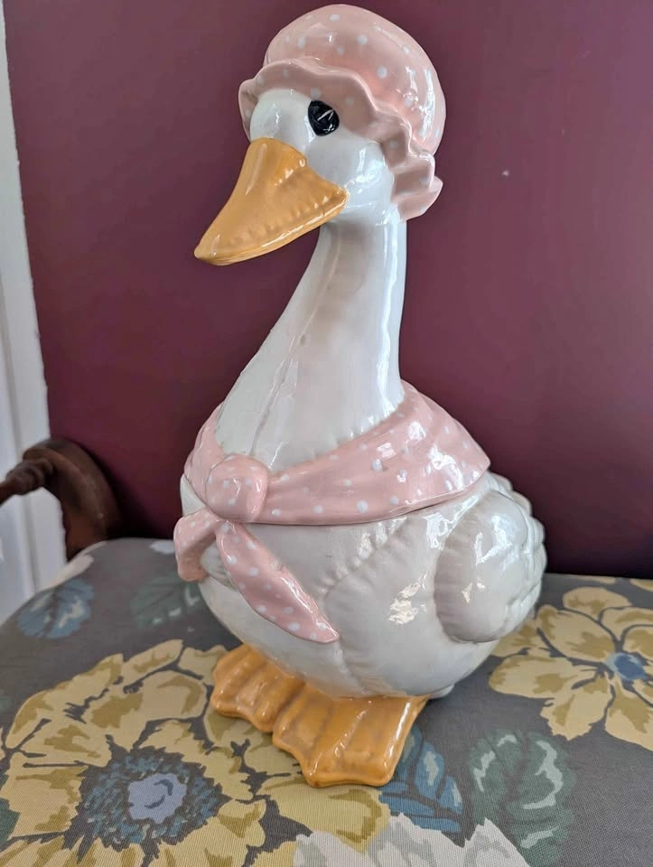 Large Ceramic Goose Cookie Jar pink polka dot bonnet