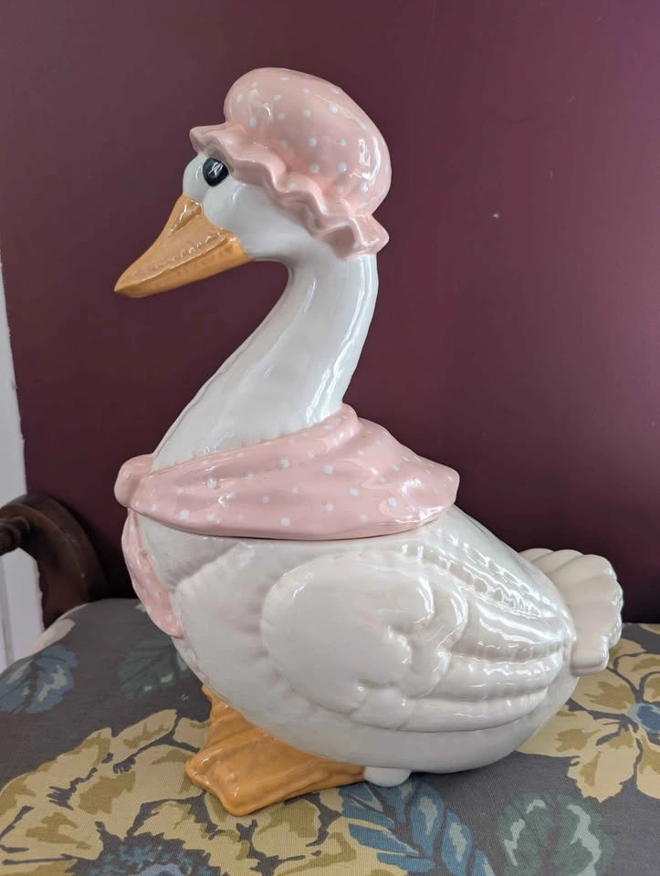 Large Ceramic Goose Cookie Jar pink polka dot bonnet - photo 2