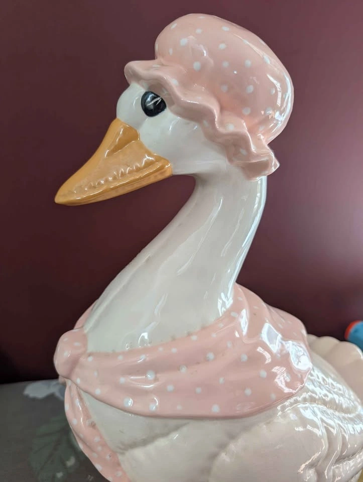 Large Ceramic Goose Cookie Jar pink polka dot bonnet - photo 4