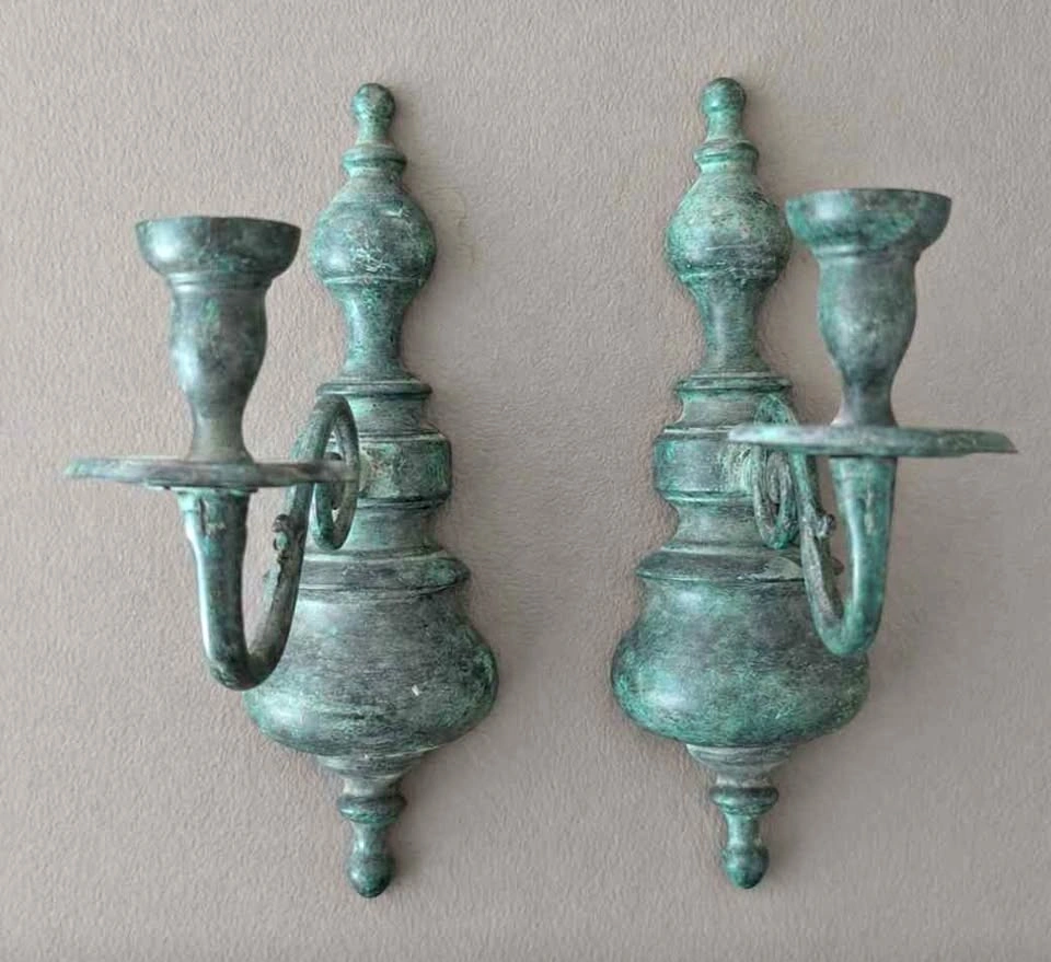 Pair of Metal Wall Sconces Green Patina