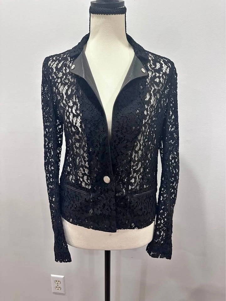 The Kooples Black Floral Lace Leather Blazer Womens Jacket Small