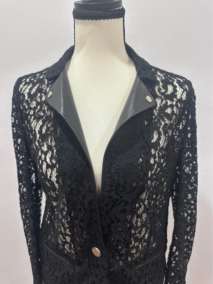 The Kooples Black Floral Lace Leather Blazer Womens Jacket Small - photo 2