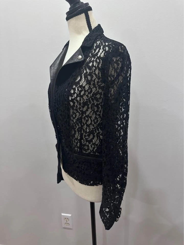 The Kooples Black Floral Lace Leather Blazer Womens Jacket Small - photo 3
