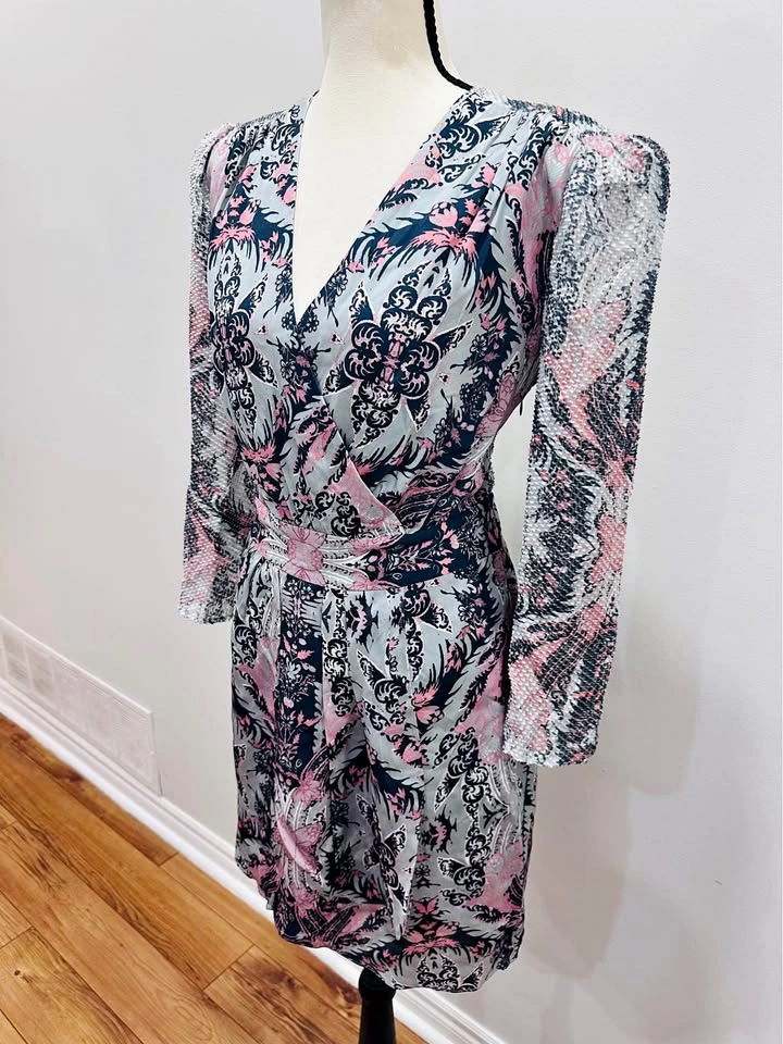 NWT REISS Size US 8 Faux Wrap Women's Dress Pink Grey Navy Paisl