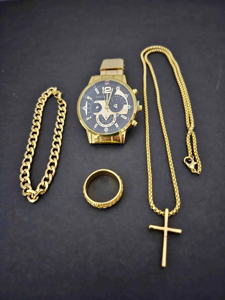 4pc Gold Tone Watch & Jewelry Set - Ring Size 11