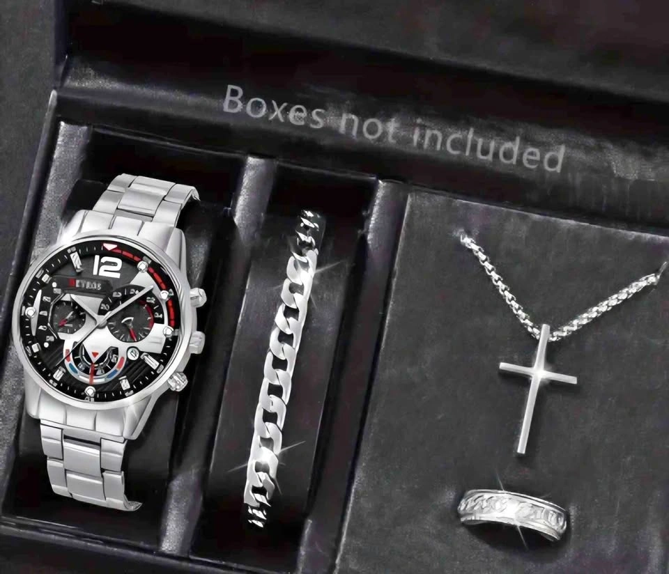 New 4pcs Stainless Steel Watch and Jewelry Set