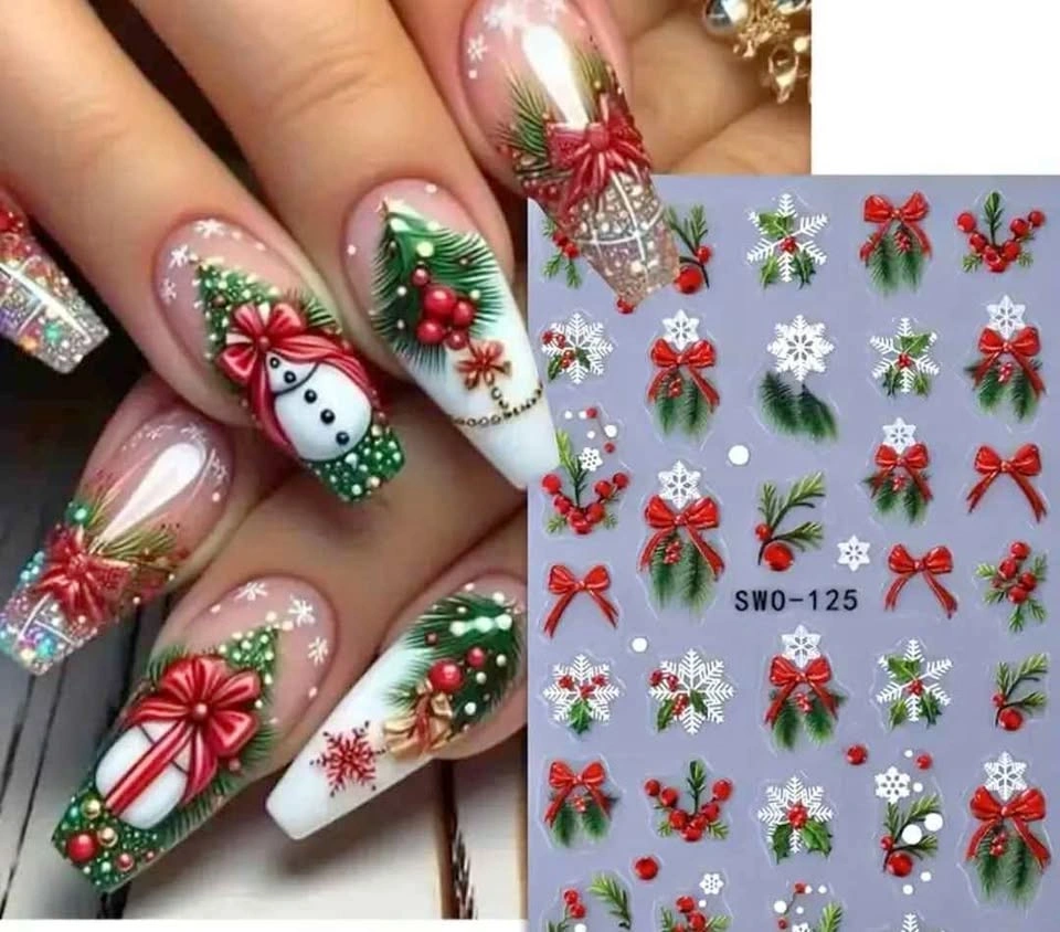New Christmas Holly Branch & Bow Snowflake Nail Stickers