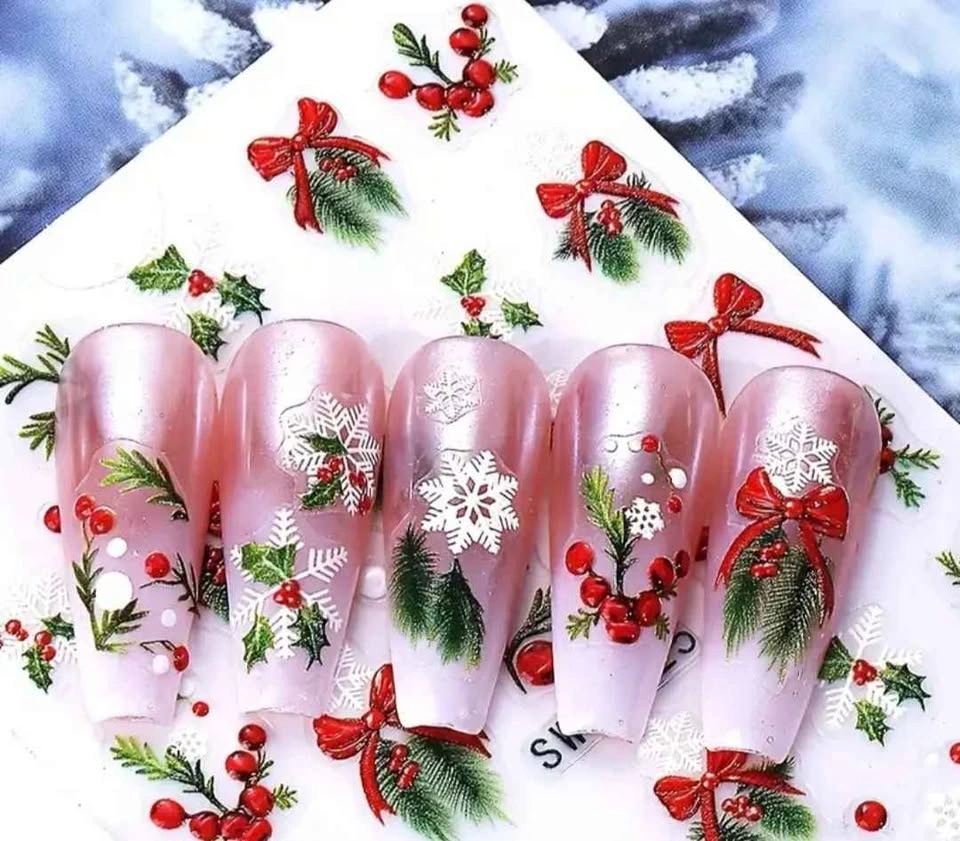 New Christmas Holly Branch & Bow Snowflake Nail Stickers - photo 2