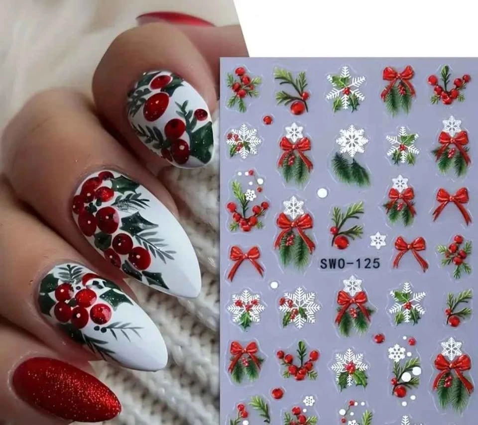 New Christmas Holly Branch & Bow Snowflake Nail Stickers - photo 4