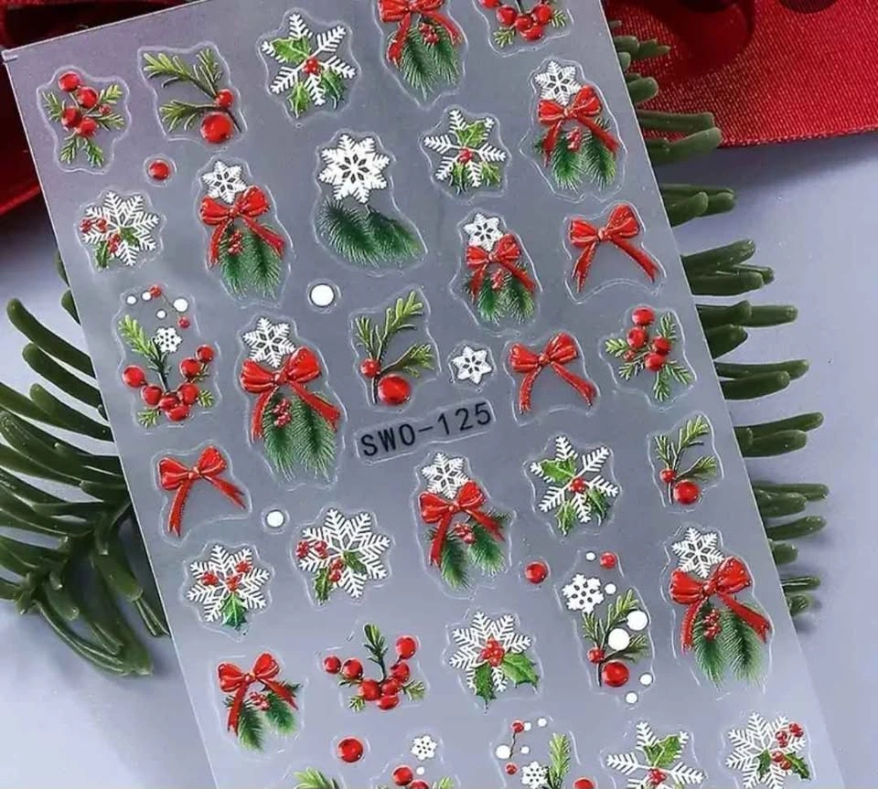New Christmas Holly Branch & Bow Snowflake Nail Stickers - photo 5