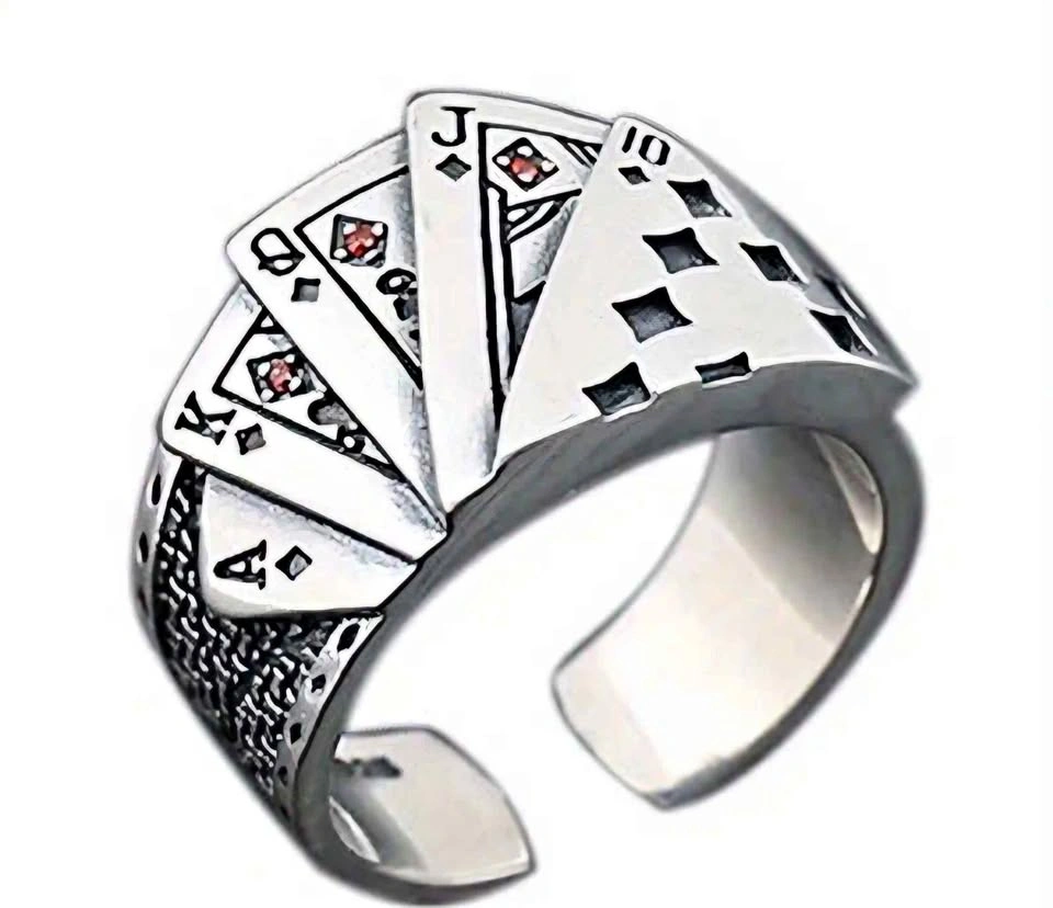 New Vintage Adjustable Zinc Alloy Poker Ring with Royal Flush of