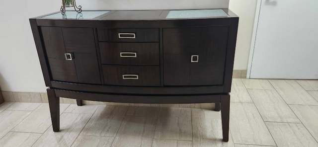 Dining Server - Dark Wood, Glass Top, 3 Drawers, 2 Cabinets