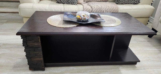 Dark Wood Coffee Table with Stone Accents - $125