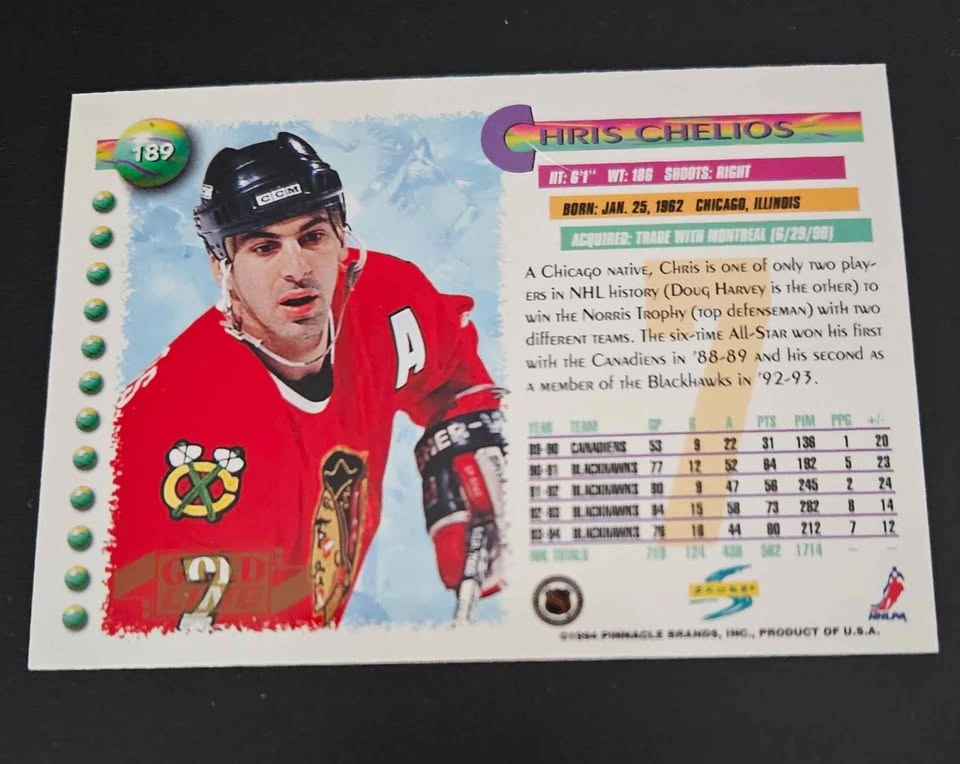 1994-95 Score NHL #189 Chris Chelios Chicago Blackhawks - Autogr - photo 2