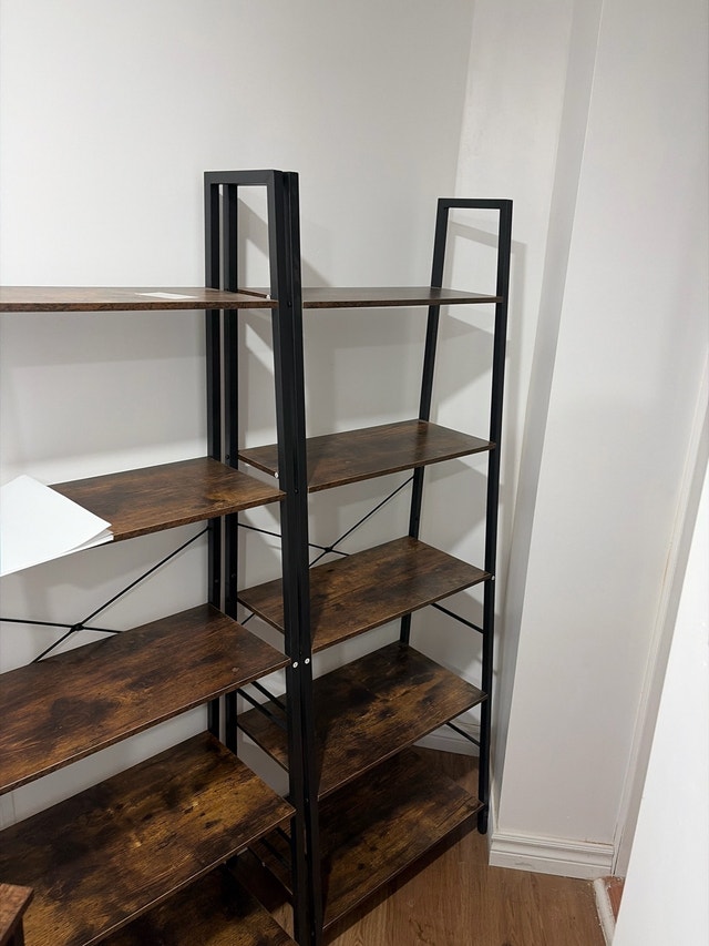5-Shelf Wood Grain & Black Metal Shelving Unit