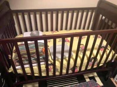 Graco crib, Baby gate, IKEA dining table, Samsung fridge, Comput