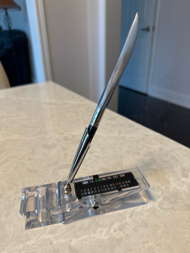 Perpetual Calendar Acrylic Memo Clip, ball pen & letter opener