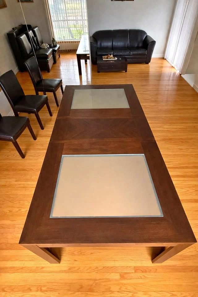 Dark wood extendable dining table glass inserts