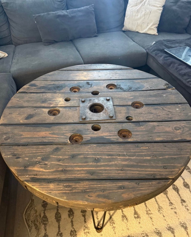Rustic Industrial Cable Spool Coffee Table w/ Hairpin Legs