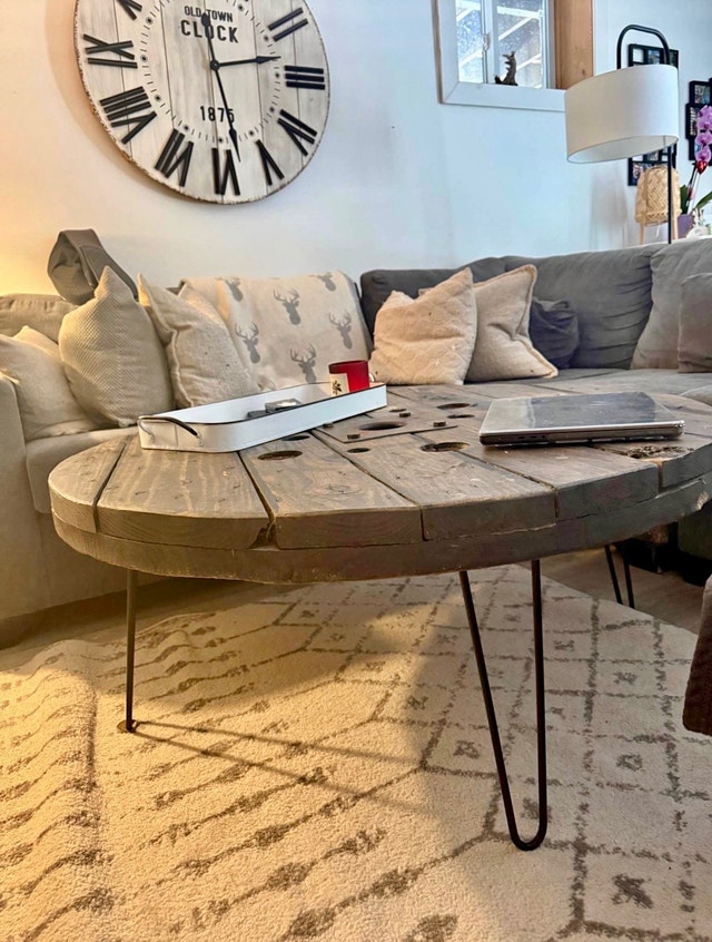 Rustic Industrial Cable Spool Coffee Table w/ Hairpin Legs - photo 2