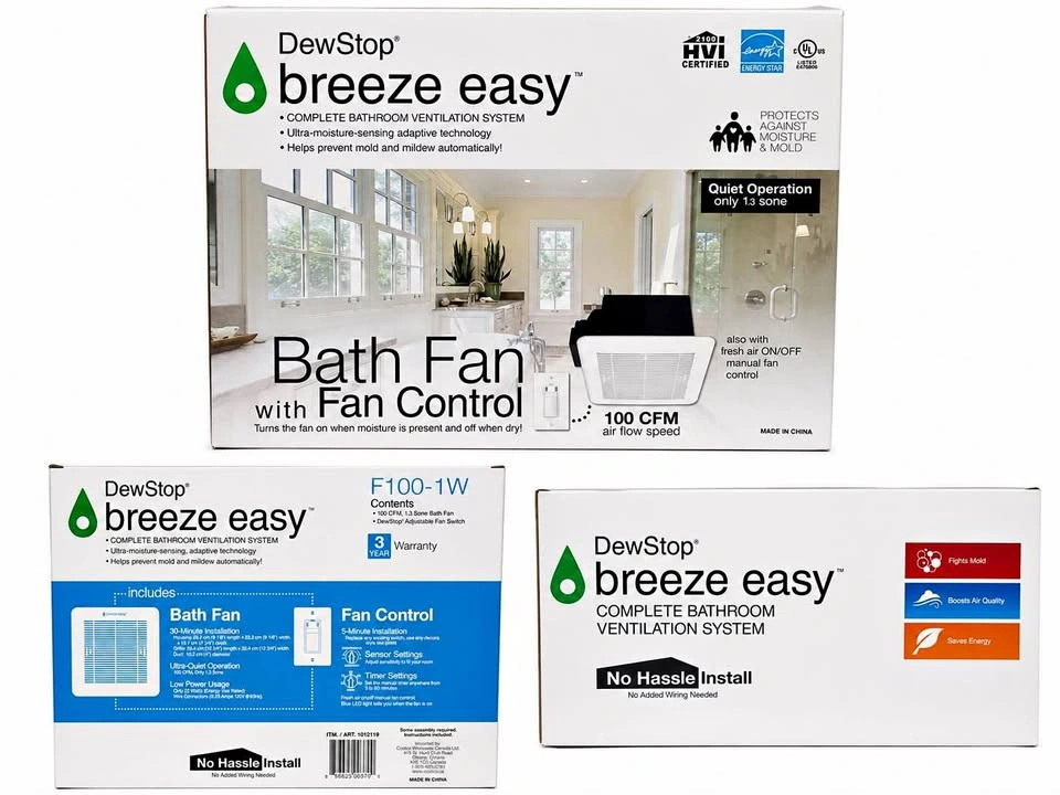 DewStop Breeze Easy Bathroom Fan w/ Humidity Sensor & Control (1